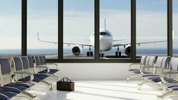 3D interior of airport, airplane in window, flight waiting area, concept of travel. video