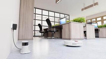 3D office interior, work place, computers, tables and cabinets. robot vacuum cleaner is charged at station, monitors cleanliness of building. vacuum cleaners and washes floor video