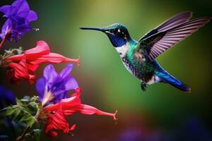 AI generated Hummingbird with flower in the background. Hummingbird in flight with flowers, Blue hummingbird Violet Sabrewing flying next to beautiful red flower, AI Generated photo
