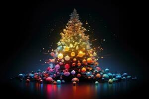 AI generated Christmas tree with colorful bokeh lights on black background. 3D rendering, christmas tree light, AI Generated photo