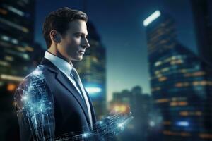 AI generated Young handsome businessman against night cityscape background using digital tablet with hologram projection, Businessman leveraging AI technology against a blurry urban area background photo