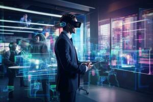 Businessman wearing virtual reality goggles against glowing x-ray image in office, Businessman wearing VR and using AI technology hologram at work, captured from the rear view, AI Generated photo