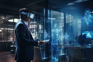 AI generated Back view of young businessman in virtual reality headset holding tablet in hands, Businessman wearing VR and using AI technology hologram at work, captured from the rear view photo