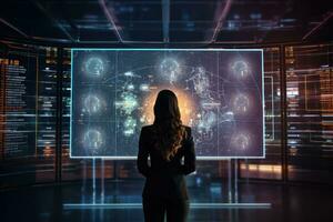 AI generated Rear view of businesswoman looking at hologram screen. Future concept, Businesswoman standing in front of a digital big screen hologram displaying business data, captured from the photo