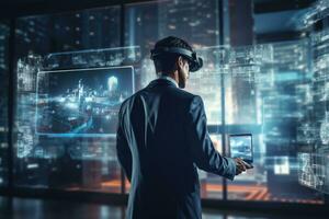 Businessman using virtual reality headset against hologram screen in office interior, Businessman wearing VR and using AI technology hologram at work, captured from the rear view, AI Generated photo