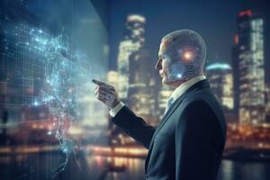 Businessman in suit and artificial intelligence head on abstract city background. Future and AI concept. Double exposure, Businessman leveraging AI technology against a blurry, AI Generated photo