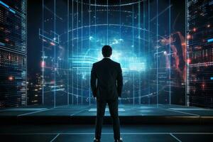 AI generated Businessman standing with back and looking at virtual panel. Future concept, Businessman standing in front of a digital big screen hologram displaying business data, captured, photo