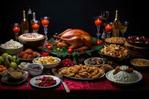 AI generated Traditional Christmas table with turkey, nuts, candied fruits and other food, Christmas Dinner table full of dishes with food and snacks, AI Generated photo