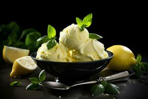 Lemon Gelato with a Basil Twist. AI Generative photo