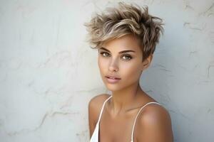 Beautiful woman with short bob haircut and tanned skin on light background. AI Generative photo