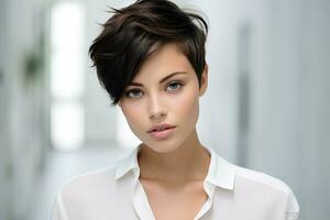 Young woman with short bob haircut on light background. AI Generative photo