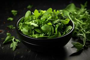 Mix Salad Leaves in a Black Bowl - Stock Image. AI Generative photo