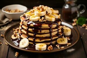 Stack of Homemade Delicious Banana Pancakes with Banana Topping. AI Generative photo