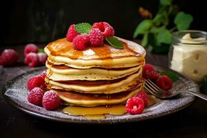 Hot Pancake Stack Adorned with Honey and Raspberry. Ai generative photo