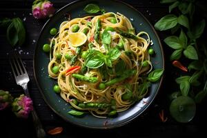 vibrante pasta primavera muy lleno con primavera vegetales. ai generativo foto