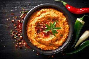 Harissa Dip Infused with Roasted Red Pepper and Garlic. Ai generative photo
