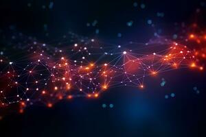 Technology abstract network with a cyber network grid and connected particles. Big data visualization. Digital dots and lines. AI Generative photo