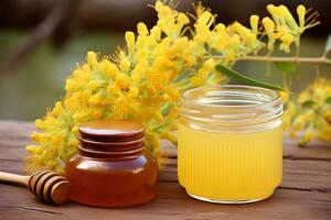 tarro de miel y floreciente acacia. ai generativo foto