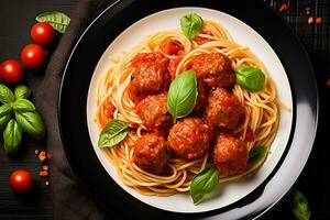 Spaghetti with Meatballs in Tomato Sauce. AI Generative photo
