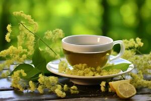 Soothing Cup of Linden Herbal Tea with Fresh Linden Flowers. Ai generative photo