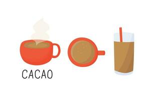 Set of cacao drinks in mugs and grass with straw. Red mug with hot chocolate or cappuccino. vector