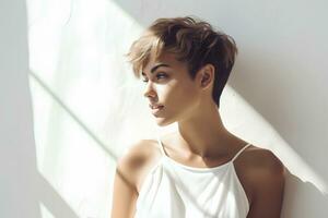 Beautiful woman with short bob haircut and tanned skin on light background. AI Generative photo