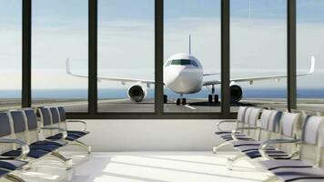 3D interior of airport, airplane in window, flight waiting area, concept of travel. slide way video