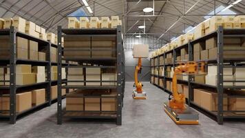 Warehouse, automatic robots, loading and unloading of boxes and goods, artificial intelligence, logistics. Robots sort and move boxes. technologies of future video