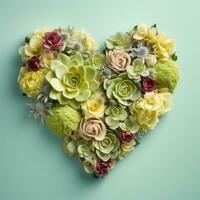 AI Generated The heart is lined with beautiful succulents and flowers on a light background. photo