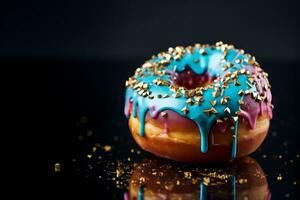 ai generado Janucá rosquillas con en polvo azúcar en un azul antecedentes. foto