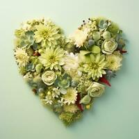 AI Generated The heart is lined with beautiful succulents and flowers on a light background. photo