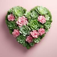 AI Generated The heart is lined with beautiful succulents on a light pink background photo