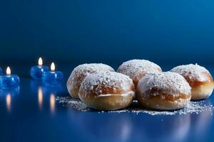 ai generado Janucá rosquillas con en polvo azúcar en un azul antecedentes. foto