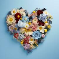 AI Generated The heart is lined with beautiful multicolored flowers on a blue background photo