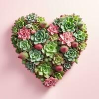 AI Generated The heart is lined with beautiful succulents on a light pink background photo