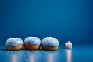 ai generado Janucá rosquillas con en polvo azúcar en un azul antecedentes. foto