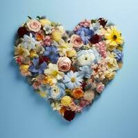 AI Generated The heart is lined with beautiful multicolored flowers on a blue background photo