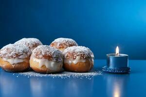 ai generado Janucá rosquillas con en polvo azúcar en un azul antecedentes. foto