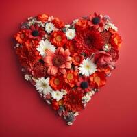 AI Generated The heart is lined with beautiful flowers on a red background photo