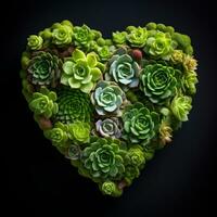 AI Generated The heart is lined with beautiful succulents on a black background photo