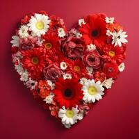 AI Generated The heart is lined with beautiful flowers on a red background photo