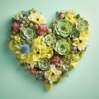 AI Generated The heart is lined with beautiful succulents and flowers on a light background. photo