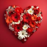 AI Generated The heart is lined with beautiful flowers on a red background photo