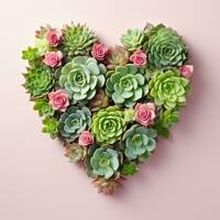 AI Generated The heart is lined with beautiful succulents on a light pink background photo