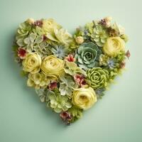 AI Generated The heart is lined with beautiful succulents and flowers on a light background. photo