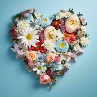 AI Generated The heart is lined with beautiful multicolored flowers on a blue background photo