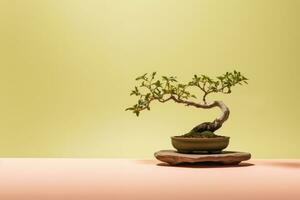 AI Generated Miniature bonsai tree in a ceramic pot on a background with a copy space. photo