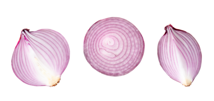 Top view of fresh red or purple onion halves and quarter in set isolated with clipping path in png file format