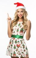 AI generated Dynamic Holiday offer Captivating Model in Festive Christmas Party Dress Points with Energetic Joy to a discount or special offer, Vibrant Colors on a Pristine White Background photo