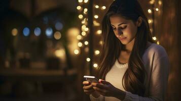 AI generated Capturing Emotional Moments Serene Model Immersed in Heartwarming Holiday Messages on Phone, Illuminated with Warm Ambient Lighting photo